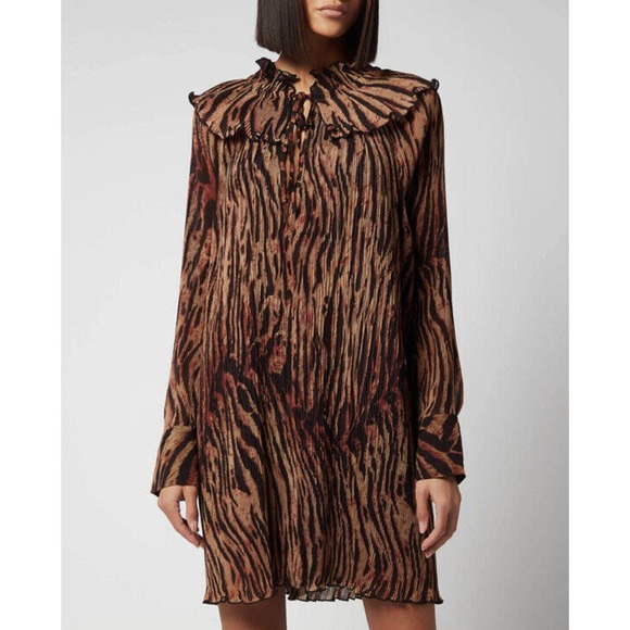 Ganni Dresses & Skirts - GANNI Long Sleeve Pleated Dress 34 XS Ruffle Neck Animal Print Brown Georgette
